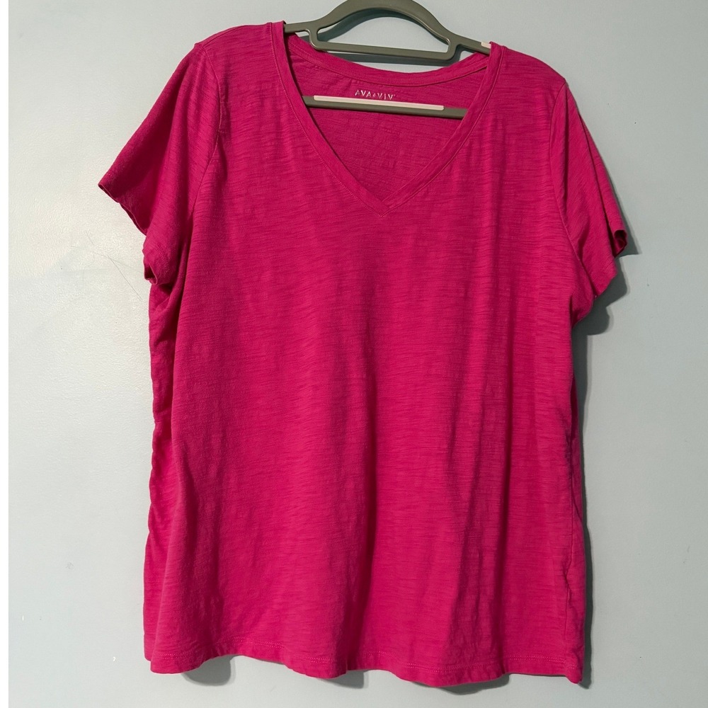 Ava & Viv Women's 2X Pink Slub Knit V-Neck Short Sleeve T-Shirt 2434